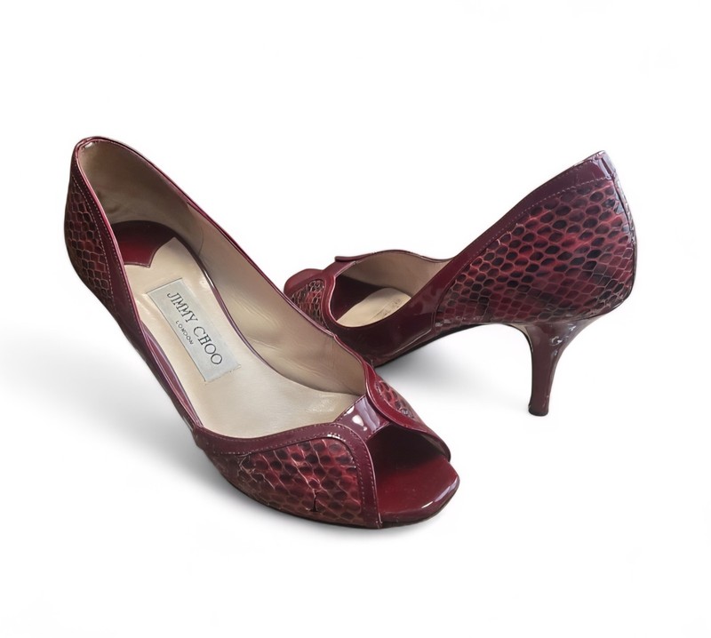 Jimmy Choo Burgundy Python and Patent Leather Lynne Peep Toe Pump Size 36.5