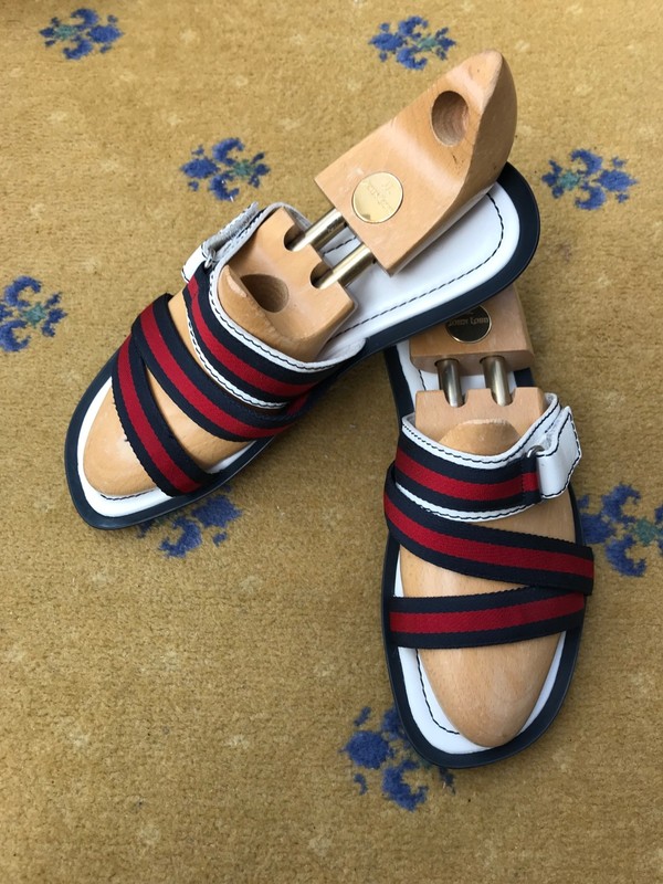 Gucci Sandals Slider Slide Shoes Web Blue Red White Leather Mens UK 10 US 11 44