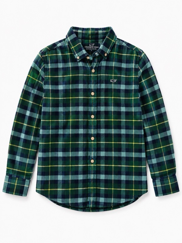 Vineyard Vines Boys Green/Blue Plaid Long Sleeve Button-Down Shirt Size 7