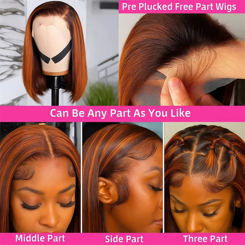 4/350 Highlight Bob Wig Human Hair 13x4 Lace Front Ginger Brown gallery