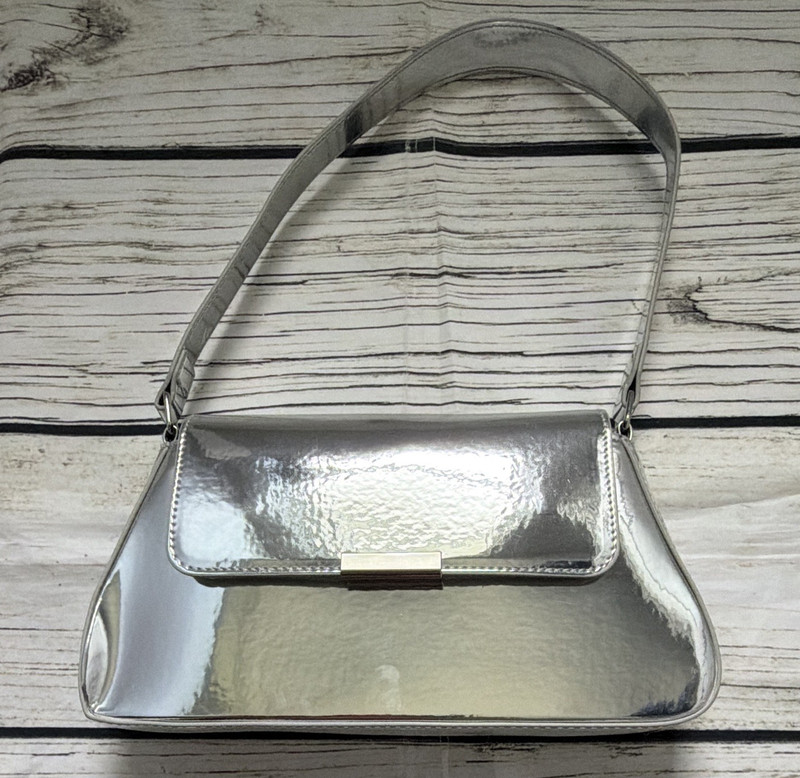 Women’s Silver Metallic Shoulder Bag, Magnetic Closure, Buckle, Lined Pockets