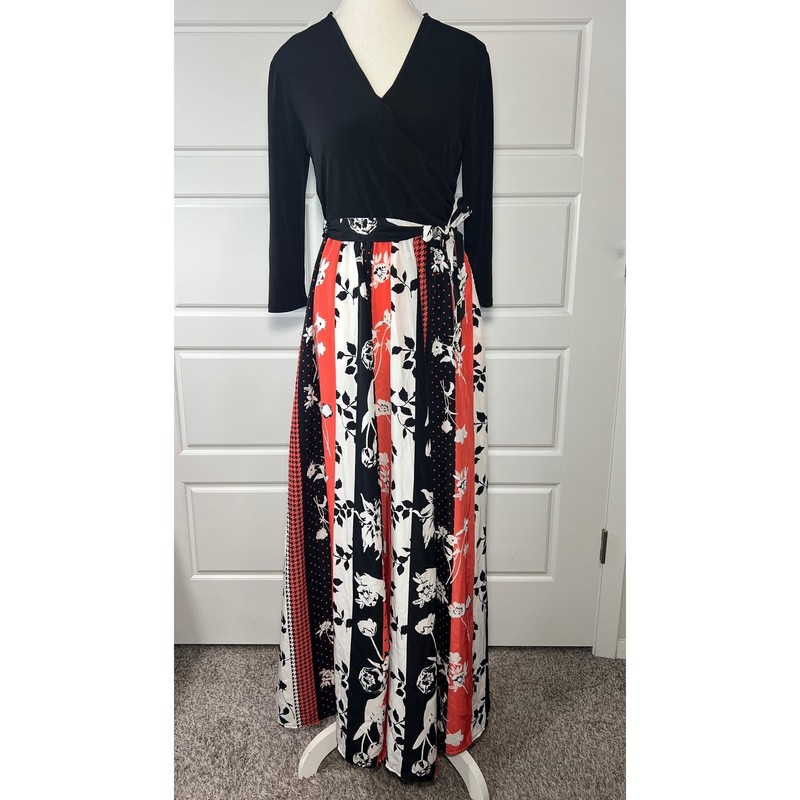 EST 1946 Womens Black Red Floral Patchwork Maxi Wrap Dress XS