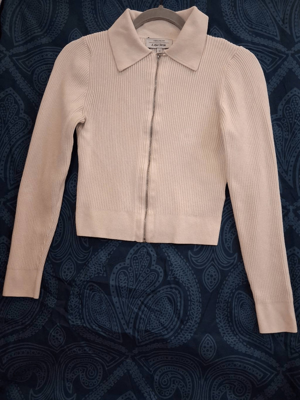 & other stories womens small full zip sweater cream boxy cropped ribbed viscose