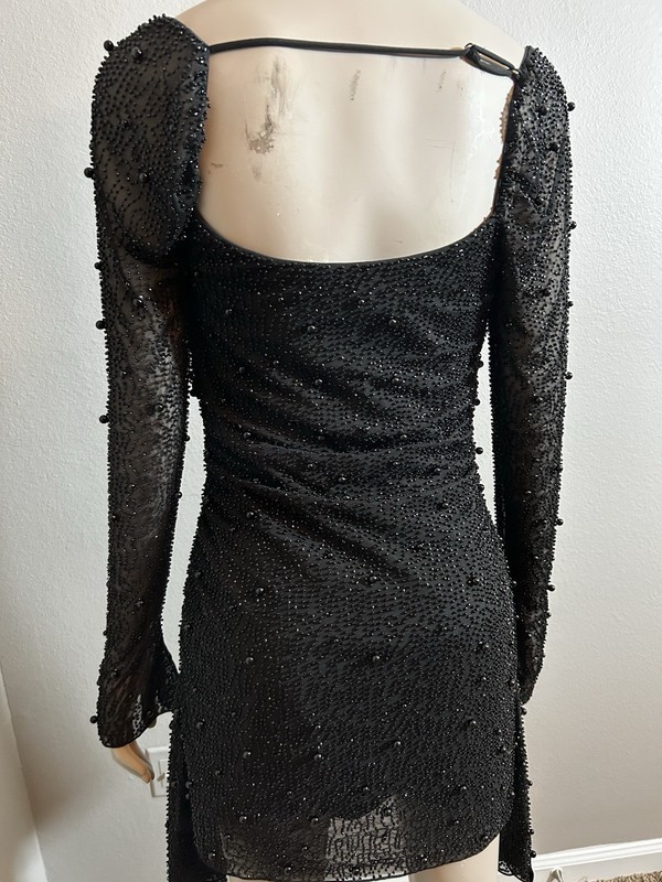 Oh Polly Black Mini Dress Cowl Neck Long Sleeve Beaded Mesh Sheer US 6 gallery