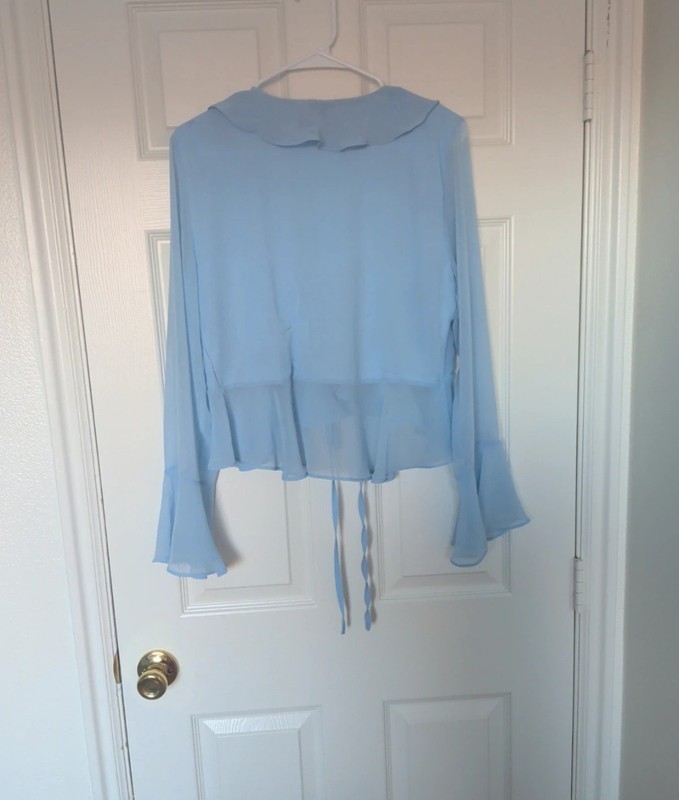 Lulus Blue Chiffon Semi-Sheer Ruffle V-Neck Tie-Front Bell Sleeve Blouse L gallery