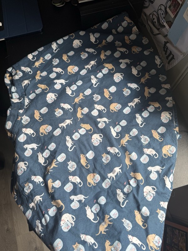 Retrolicious XL Blue Cat Print Denim Midi A-Line Skirt Elastic Waist Button