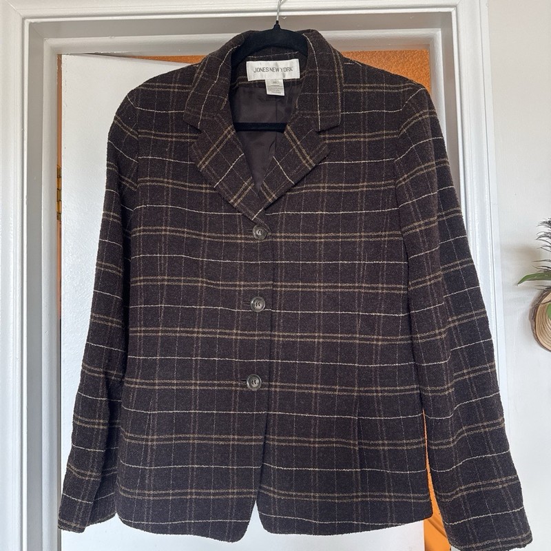 Jones New York women’s Brown Plaid Tweed Wool Blazer