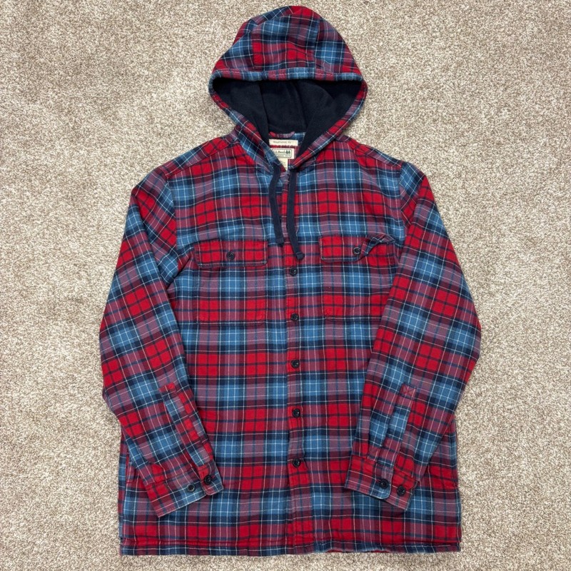 L.L. Bean Men's Fleece-Lined Flannel Shirt Jacket Hooded Plaid Medium Red Blue gallery