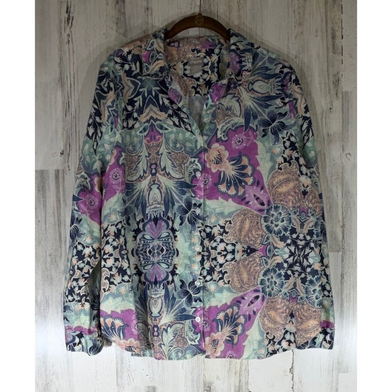 Chicos Button Up Shirt Size 3 or XL Floral Paisley Linen No Iron Roll Tab Sleeve