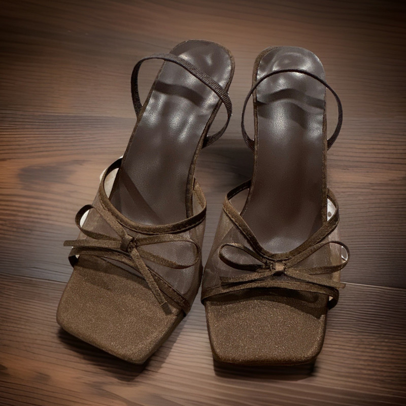 Women’s Brown Leather Strappy Square Toe Slingback Slip-On Stiletto Heels 8