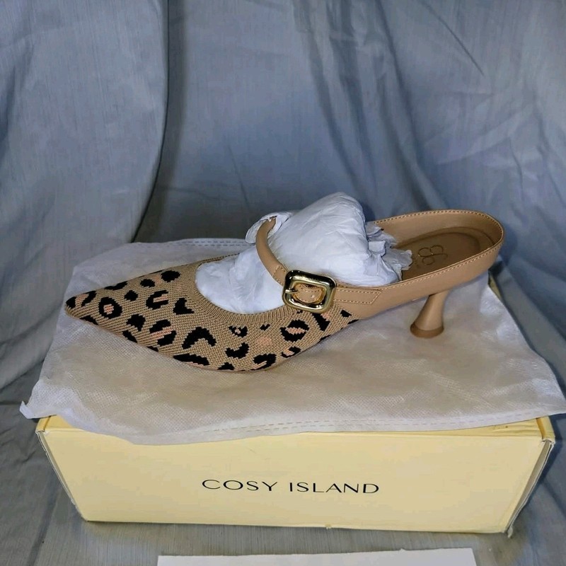 Cosy Island Women’s Fly Woven Leopard Pointed Toe Mule Buckle US 10
