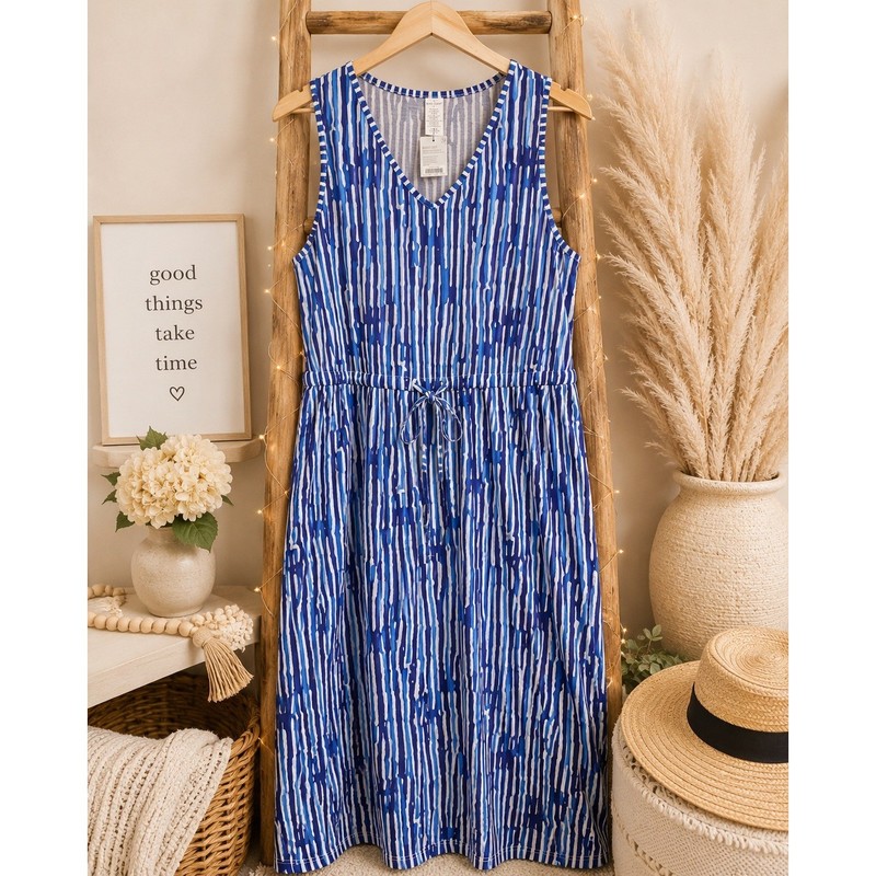 West Loop Blue White Abstract Stripe Sleeveless V-Neck Dress Large NWT