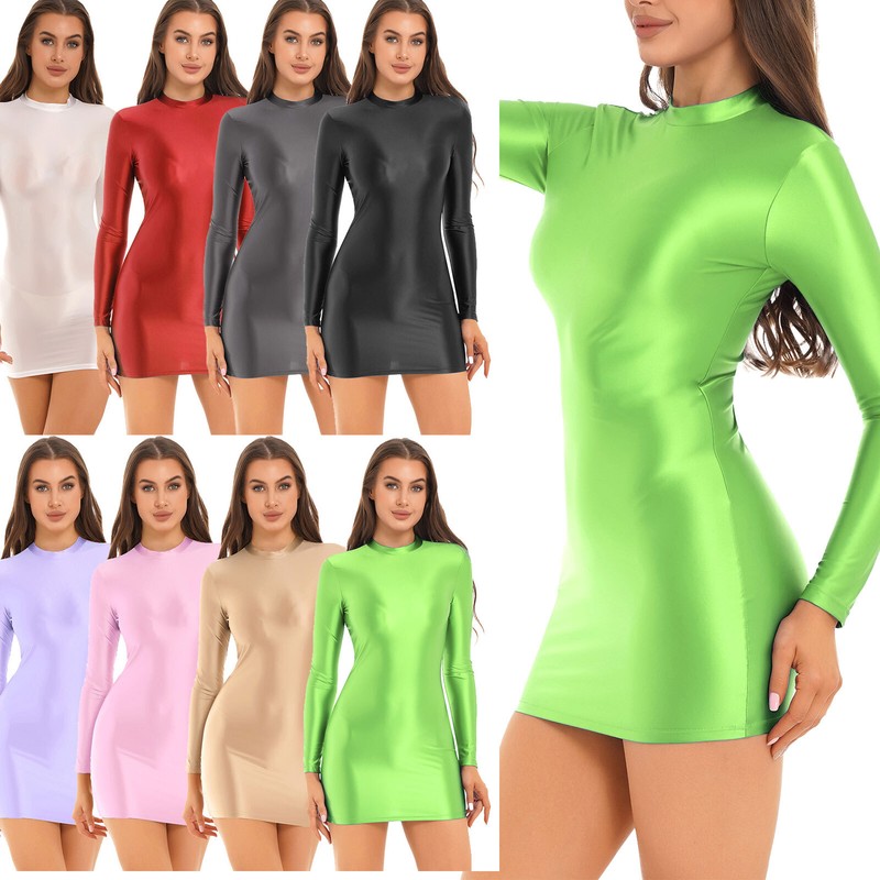 US YiZYiF Women's Long Sleeve Mini Bodycon Glossy Pencil Dress Going Out Club gallery