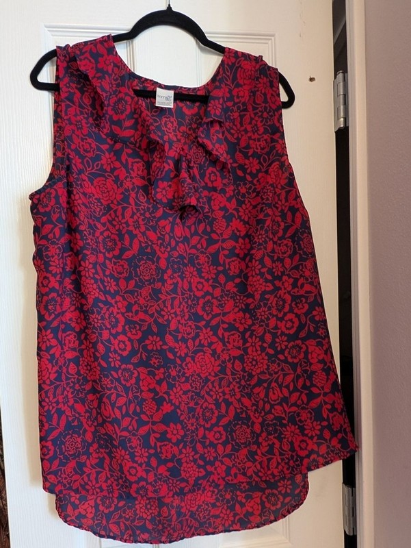 Terra & Sky Red and Navy Floral Ruffle Neck Sleeveless Top