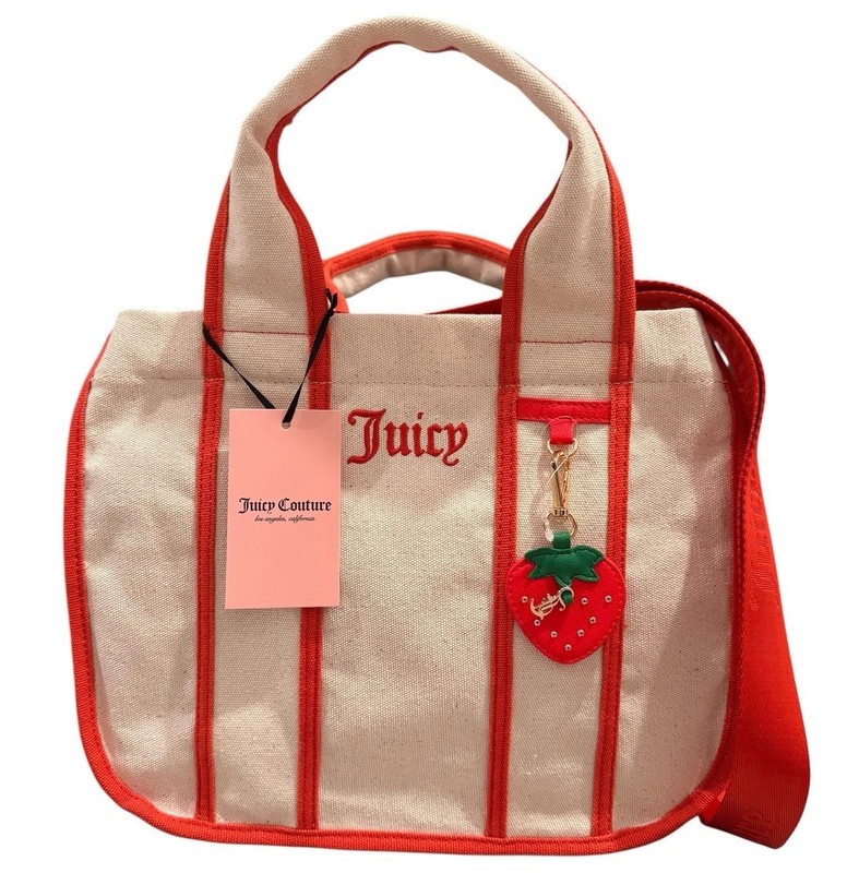 Juicy Couture Cream Canvas Tote with Red Trim and Strawberry Charm