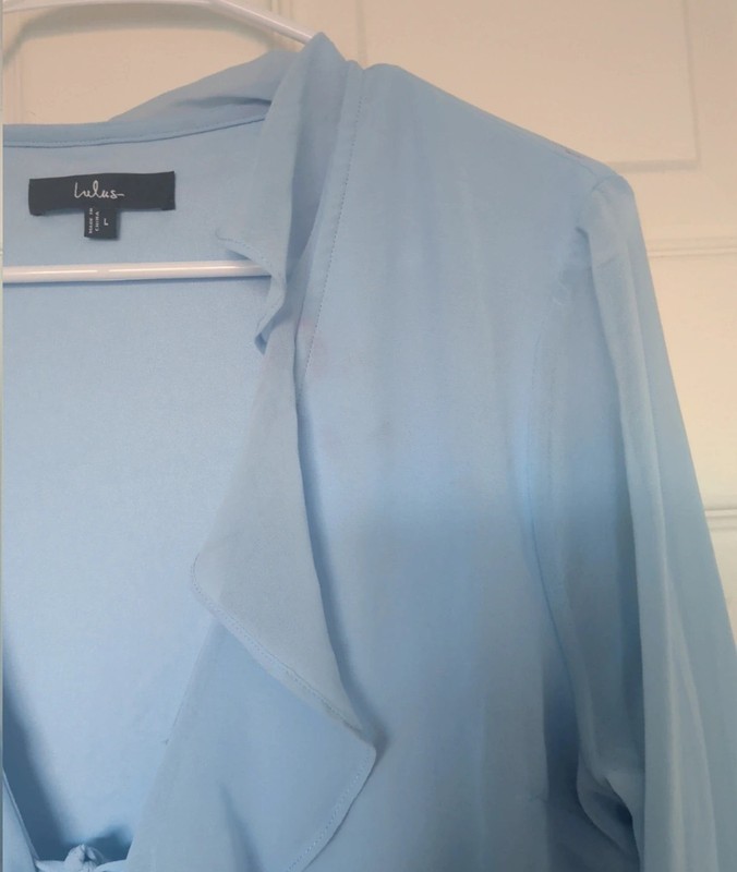 Lulus Blue Chiffon Semi-Sheer Ruffle V-Neck Tie-Front Bell Sleeve Blouse L gallery