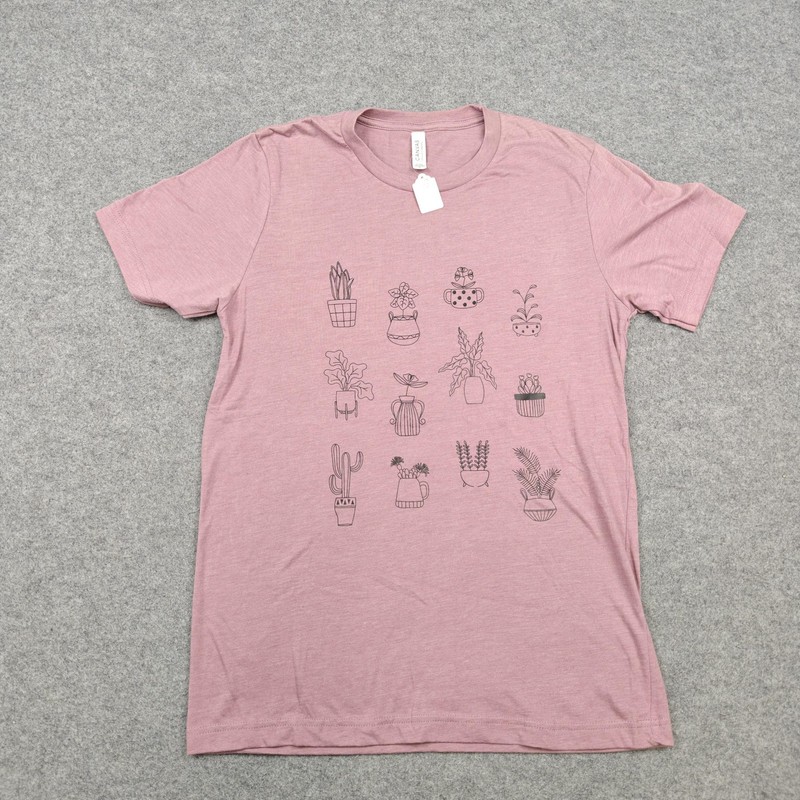 Bella + Canvas Shirt Mens Medium Pink Potted Plant Botanical Line Graphic Tee