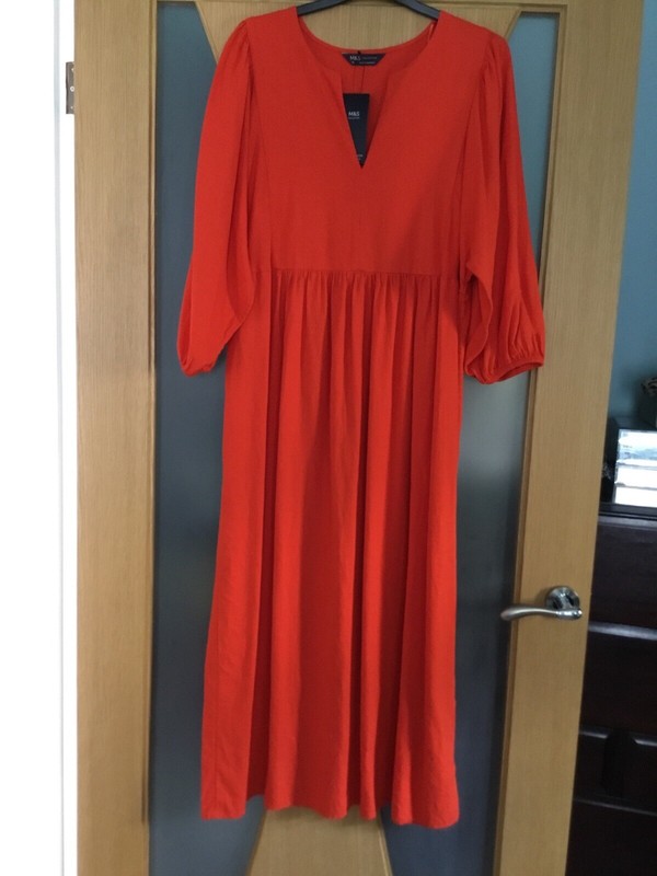 M & S Dress Sz 10 Orange Maxi Linen Blend Cool Comfort Easy Care Bnwt
