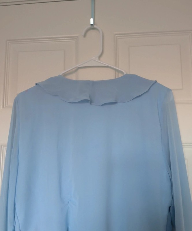 Lulus Blue Chiffon Semi-Sheer Ruffle V-Neck Tie-Front Bell Sleeve Blouse L gallery