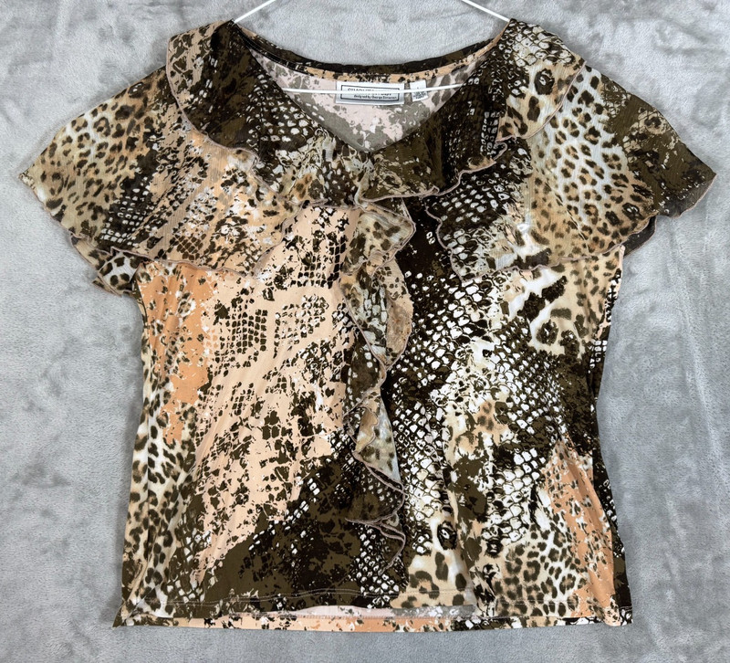 Simonton Says Ruffled Blouse Womens L Brown Flutter Sleeve Cheetah Leopard Print