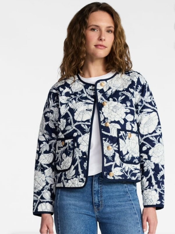NEW Navy Floral Quilted Cotton Jacket Nautical Crest Goldtone buttons w/ pockets gallery
