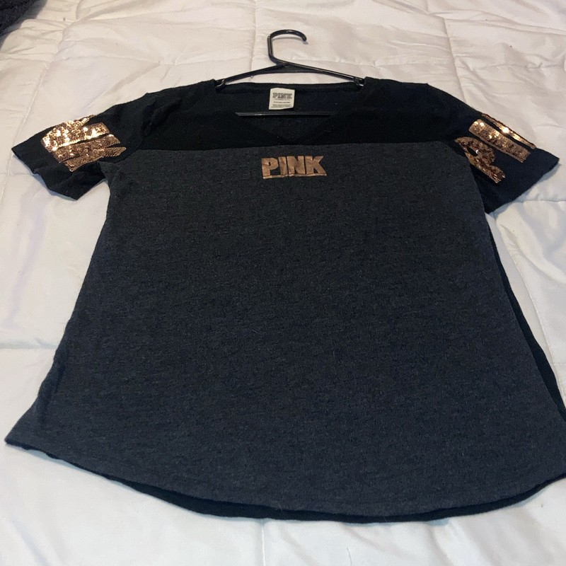 PINK Victoria’s Secret Women’s Colorblock Sequin Logo T-Shirt Black/Gray S