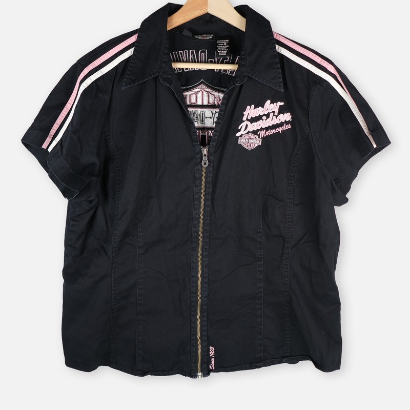 Harley Davidson Black Pink Full Zip Short Sleeve Work Shirt Embroidered XXL