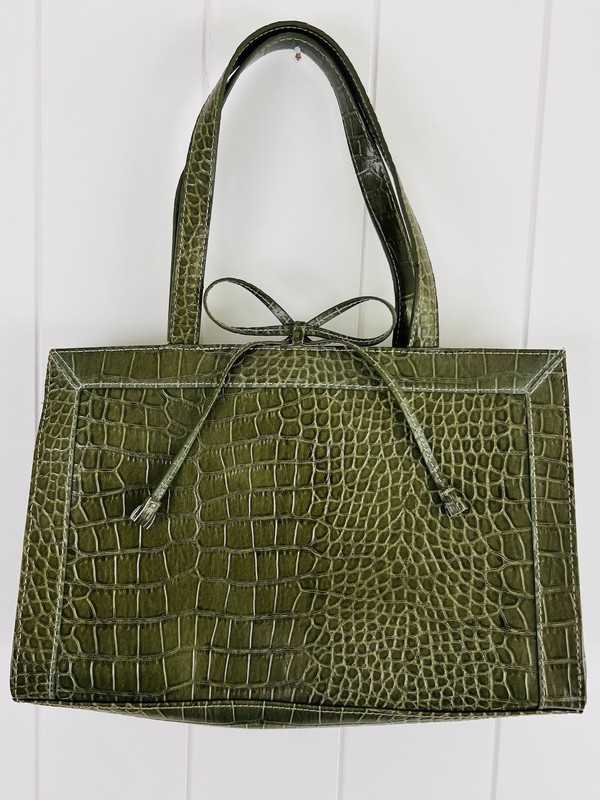 Vintage Liz Claiborne Olive Green Crocodile Embossed Shoulder Bag Bow Accent gallery