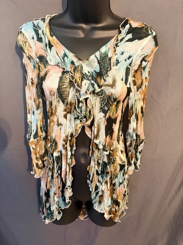 Women’s Clothing Soft Surroundings Sheer 3/4 Sleeve Floral Kimono with Ruffles