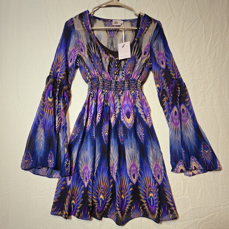 Three Eighty Two Dress And Slip, XS, Flute, Purple, Blue, Black, Gold