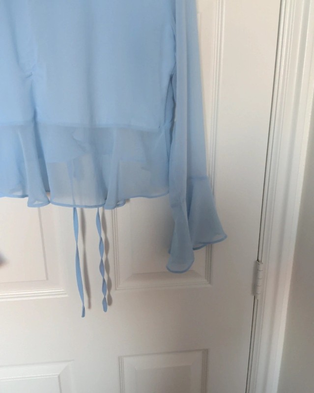 Lulus Blue Chiffon Semi-Sheer Ruffle V-Neck Tie-Front Bell Sleeve Blouse L gallery