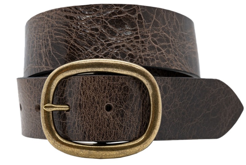 Men’s Full Grain Crunch Leather Jeans Belt Casual Belt Oval Brass Buckle – Brown