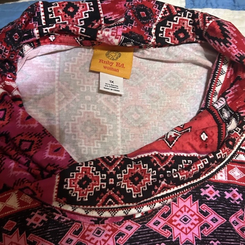 Ruby Rd. Womans Sz 1X Blouse Red Pink 3/4 Sleeve Knit Cowl Neck Must Have II gallery