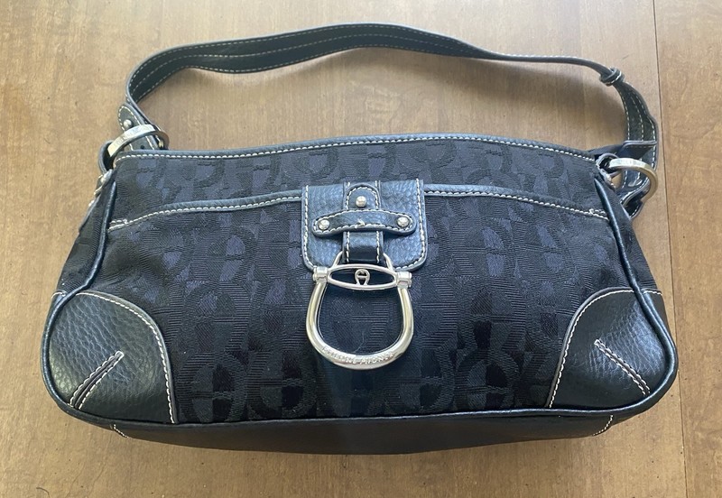 Etienne Aigner Purse Black Signature Series Silver Buckle, Shoulder, Logo print