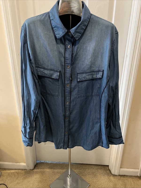 Lee Riders 'Shape Illusion' Womens 2XL Blue Denim Long Sleeve Button Shirt 2 Pkt