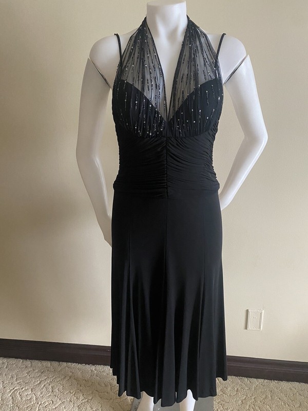 Y2K badgley mischka Evening Black Midi Dress Halter Sheer Beaded Size 8