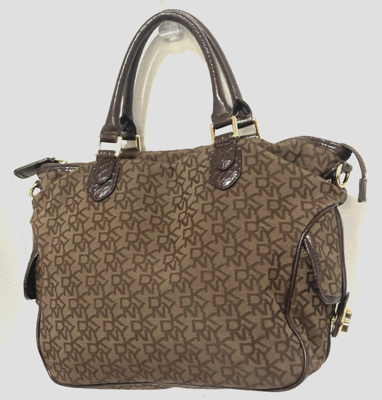 DKNY XLarge Brown Signature Print Gold Hardware Tote Shoulder Handbag REDUCED