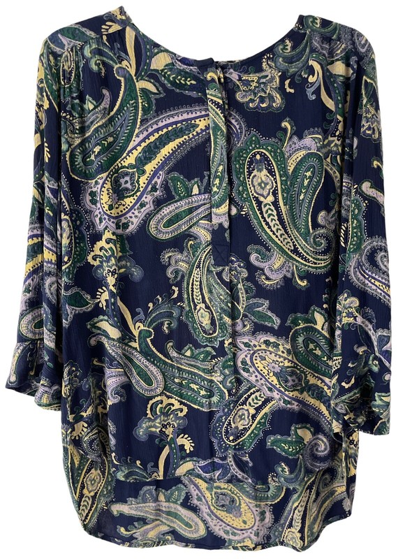 Nine West Jeans Top Womens Medium Blue Paisley Roll Tab Sleeve Hi Low Hem Tunic