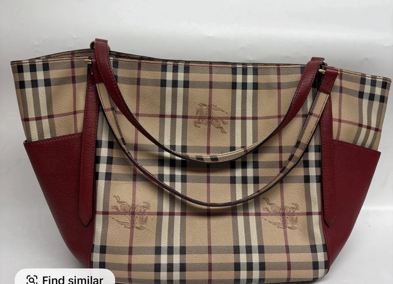 COA_Burberry Haymarket Check Tote Red Beige Plaid Logo Accent Gold HW