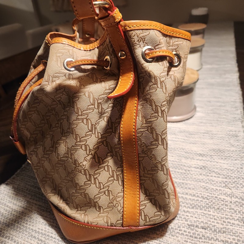 Dooney & Bourke Logo Bucket Drawstring Shoulder Bag Beige/Brown Gold Hardware gallery