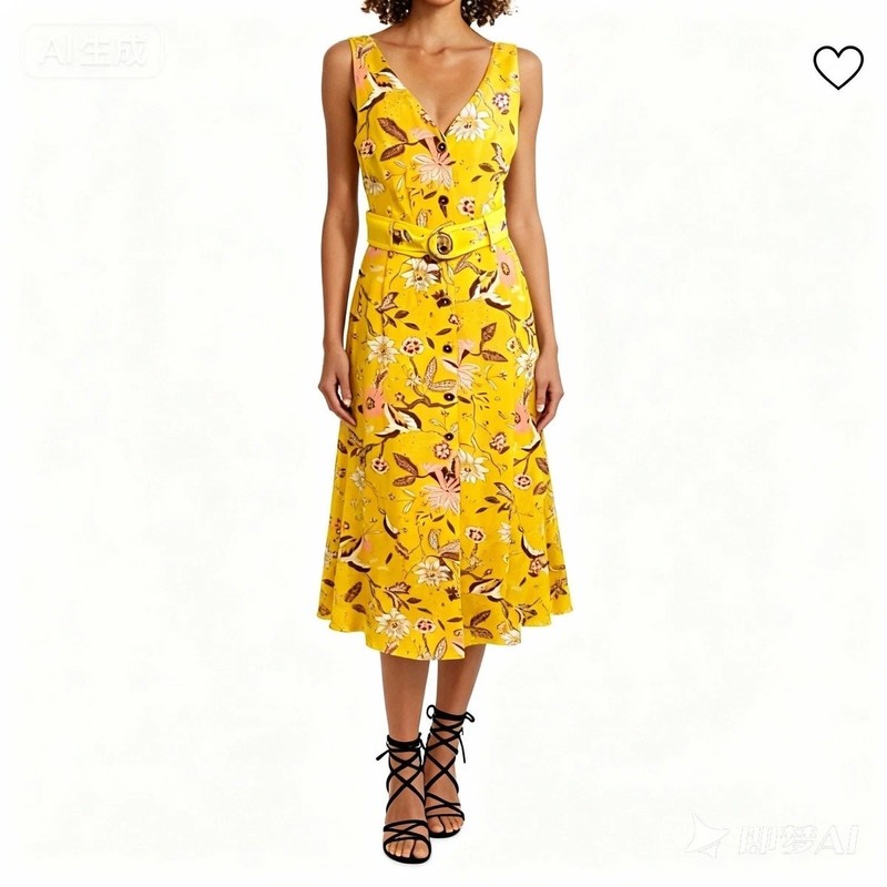 Karen Millen Size US 8 Yellow Floral Print Button Front V-Neck Belted Midi Dress