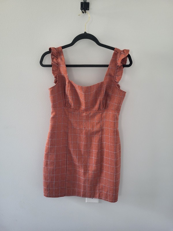 Allison & Kelly Womens Burnt Orange Windowpane Plaid Ruffle Sheath Dress Medium