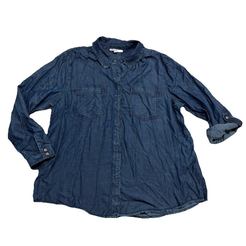 Chicos Twill Raw Hem Button Front Shirt Sz 3 16 Roll Tab Sleeve Lyocell Blue J2E