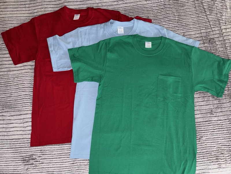 3 new Port & Company PC54P Men's 100% Cotton Pocket T-Shirts. (red,green,blue)