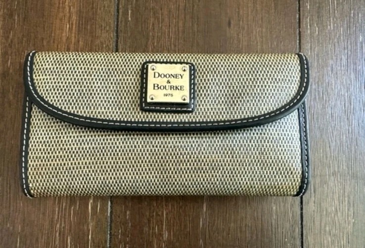 Dooney & Bourke Beige/Black Flap Folding Wallet w/ Zip Pocket, Red Lining