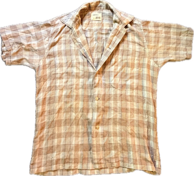 1950s Airman Men’s Brown Beige Plaid loop collar Sleeve Woven Button-Up Shirt