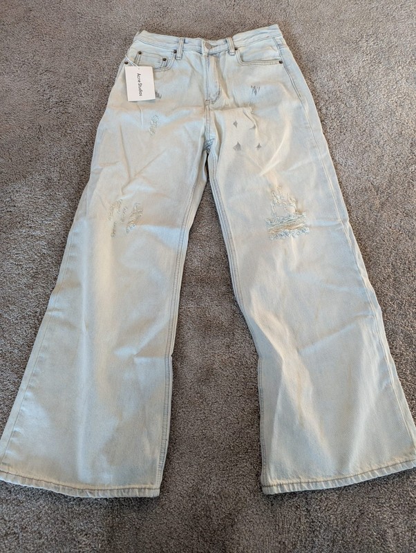 Acne Studios Wide Leg Distressed Jeans Light Blue Wash Pink Patch NWT [SIZE]