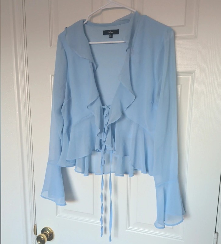 Lulus Blue Chiffon Semi-Sheer Ruffle V-Neck Tie-Front Bell Sleeve Blouse L gallery