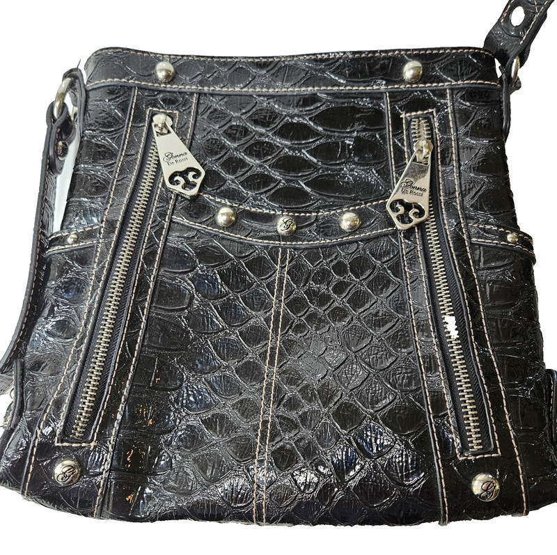 Crossbody Jenna De Rossi Faux Croc Black Purse Silver studs pulls & zippers