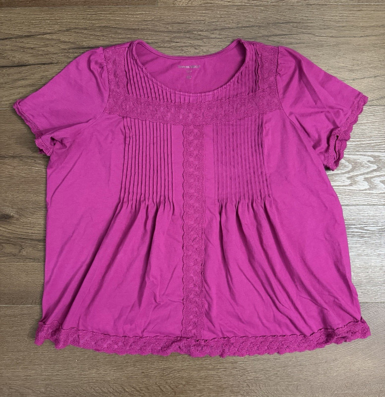 Woman Within Pink Lace Trim Pleated Scoop Neck Short Sleeve Knit Top 2X